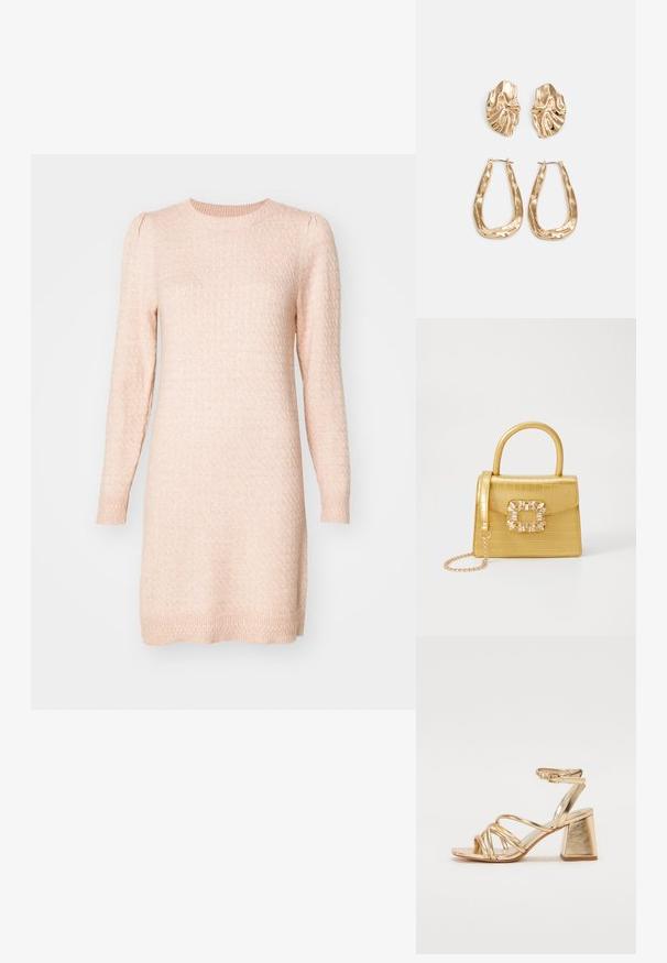 Vestido de malha de manga comprida e decote redondo em suave rosa claro. Malha texturizada com padrões ligeiramente elevados, punhos ajustados e silhueta reta.; Sandálias de salto alto metálico dourado com design em tiras, salto quadrado e tira no tornozelo ajustável com fivela. Textura suave.; Bolsa amarela em pele de crocodilo falsa, com um design estruturado, pega no topo, alça de corrente removível e decoração de cristal no fecho.; Brincos em tom de ouro com formas onduladas e texturizadas. Inclui studs escultóricos com presilha e um design de argola aberta com um acabamento martelado.