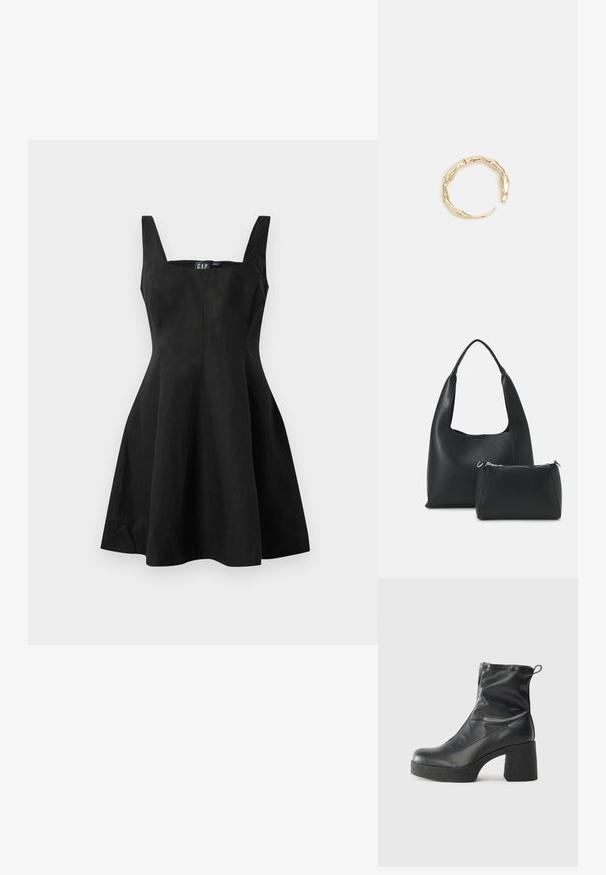 Juoda be rankovių suknelė su prigludusia korsetu ir išplatėjančia sijonu, pagaminta iš lygaus audinio. Kvadratinė iškirptė ir minimalūs siūlai, kad atrodytų švariai.; Juodos kulkšninių botai, pagaminti iš lygaus odos, su šoniniu užtrauktuku, masyviu tekstūruotu kulnu ir apvaliu pirštu.; Even&Odd Rankinė - black; Auksinės spalvos žiedas, turintis organišką, sukimosi dizainą su lygiu paviršiumi ir siaurėjančiais galais, sukuriantis modernią skulptūrinę išvaizdą.