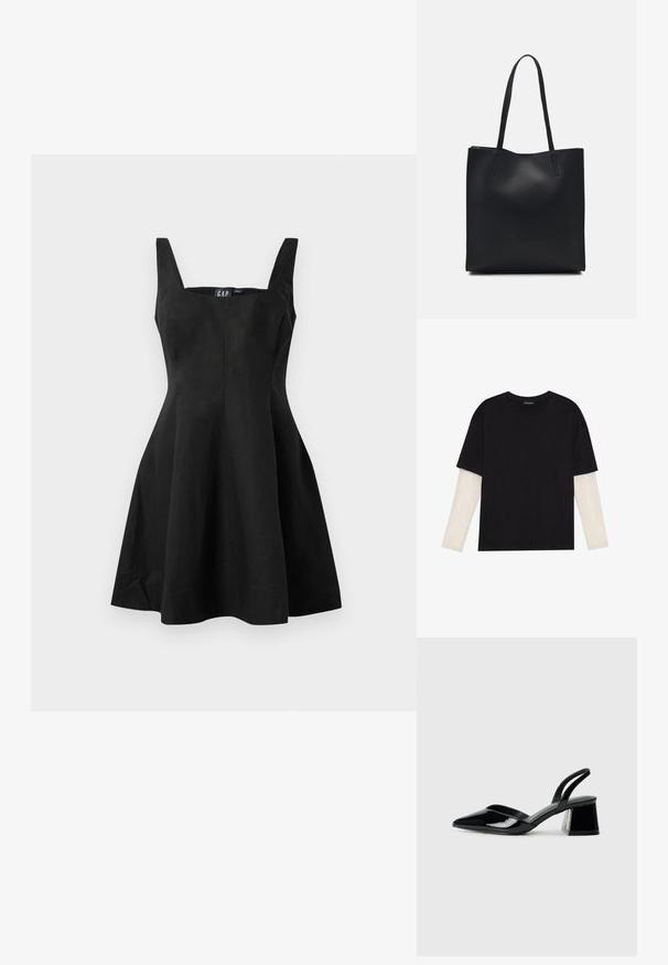 Juoda be rankovių suknelė su prigludusia korsetu ir išplatėjančia sijonu, pagaminta iš lygaus audinio. Kvadratinė iškirptė ir minimalūs siūlai, kad atrodytų švariai.; Juodas medvilninis marškinėliai su trumpomis rankovėmis, virš baltos ilgo rankovio sluoksnio, turinčio subtilų tekstūrinį raštą. Apvalus iškirpimas.; Juodos lakuotos odinės šlepetės su smailiu pirštu ir geometriniu bloko kulnu. Turi elegantišką, minimalistinį dizainą ir lygų paviršių.; Juodas odinis tote krepšys su lygia tekstūra, stačiakampio formos ir dviem ilgais rankenomis. Matomų metalinių detalių ar puošybos nėra.