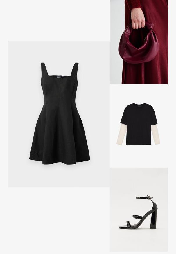 Vestido negro sin mangas con un corsé ajustado y una falda acampanada, confeccionado en una tela suave. Escote cuadrado y costuras mínimas para un aspecto limpio.; Camiseta negra de algodón, con mangas cortas sobre una capa blanca de manga larga con un patrón texturizado sutil. Diseño de escote redondeado.; Sandalias de tacón de charol negro con punta cuadrada, correas en el tobillo y hebillas plateadas. Presentan un tacón grueso para mayor estabilidad.; Bolso de cuero burdeos con un diseño suave y recogido y una forma redondeada. La asa está asegurada, mostrando una textura lisa.