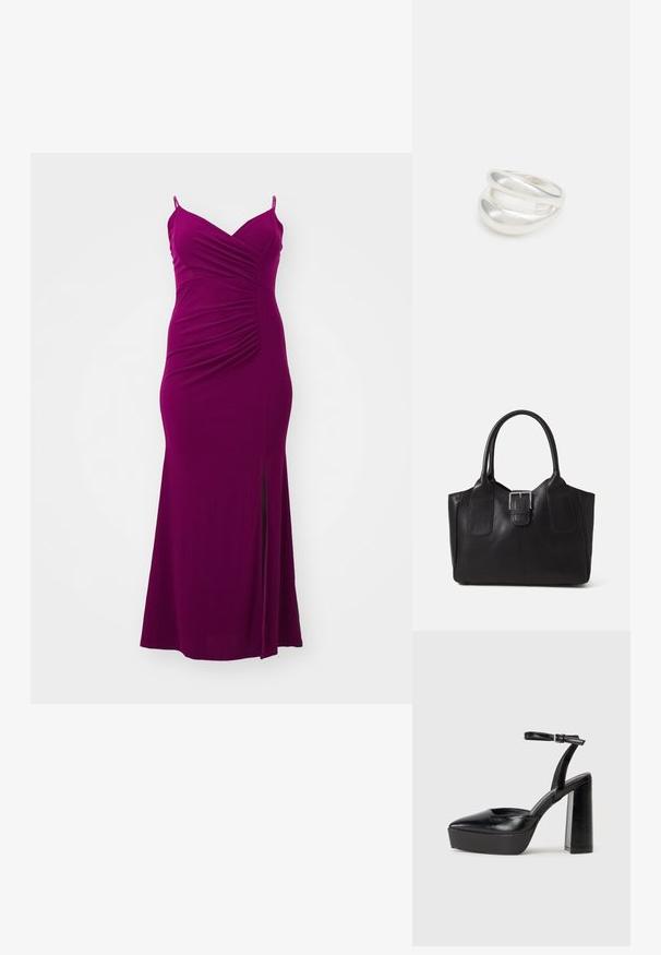 Feszes magenta ruha spagetti pántokkal, texturált anyagból, ráncolt részletekkel a mellrészen és oldalsó hasítékkal az alján.; Fekete platform magassarkú cipők hegyes orral és állítható bokapánttal. Sima bőrből készült, vastag talppal.; Fekete bőr bevásárlótáska sima textúrával, strukturált formával, két fogantyúval és egy figyelemfelkeltő ezüst csattal az elején.; Ezüst, dupla sávú gyűrű sima, polírozott felülettel. Folyékony, ívelt kialakítással rendelkezik, átfedő szakaszokkal, amelyek modern megjelenést kölcsönöznek.