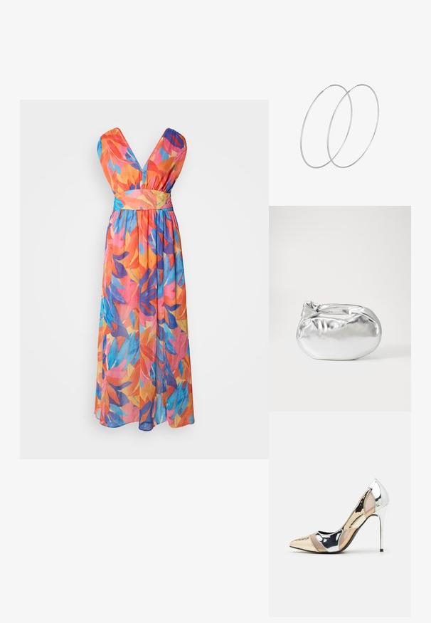 Abito maxi con scollatura a V profonda, caratterizzato da un motivo fogliare colorato nei toni dell'arancione, del rosa e del blu, realizzato in tessuto leggero e fluido.; Scarpa con tacco alto a punta, con una combinazione di colori argento, oro e nudo. Finitura lucida con design a ritaglio, con tacco a stiletto.; Borsa a pochette metallica argentea con una forma morbida e arrotondata e chiusura superiore annodata. Realizzata in materiale sintetico morbido.; Orecchini a cerchio in argento con un design minimalista. Forma circolare, superficie liscia e profilo sottile. Leggeri con una finitura lucida.