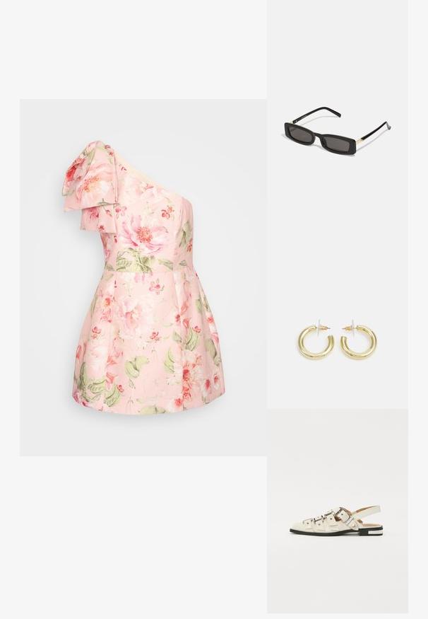 Ühe õla kleit heleda roosa kangaga, millel on suured roosa ja rohelise lillemustrid. Omab volangiga õlga ja laienevat seeliku disaini.; Valged nahast slingback-sandaalid, millel on mitmeid laiad rihmad ja hõbedased pandlad; tasane tald väikese musta kanna ja metalliliste detailidega.; Mustad ristkülikukujulised prillid tumedate läätsedega, läikivad plastraamid ja kuldsed aktsendid templites. Minimalistlik disain ja voolujooneline kuju.; Kuldne rõngassõrmused sileda ja läikiva viimistlusega. Ringikujuline disain, millel on väike post ja selge tagumine külg, et tagada kindel kandmine.