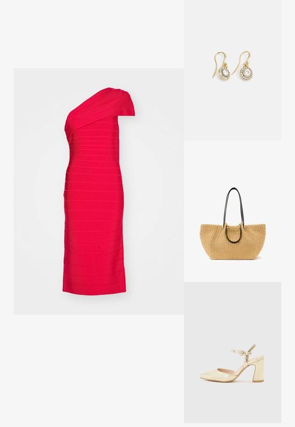 Červené priliehavé šaty na jedno rameno vyrobené z textúrovanej tkaniny, s horizontálnymi pruhmi a dĺžkou po kolená. Hladký povrch s definovanou siluetou.; Zlaté metalické topánky na opätku s špicatou špičkou, pásikom okolo členka s kruhovou sponou a robustným dizajnom opätku. Hladká textura.; Tkaná slaměná taška v béžové barvě s černými koženými popruhy a stříbrnými kovovými doplňky. Prostorný, zakřivený tvar s texturovaným povrchem.; Náušnice zlatého odtieňa s oválnymi čírymi kryštáli obklopenými menšími čírými kameňmi, s háčikovým dizajnom pre bezpečné nosenie.
