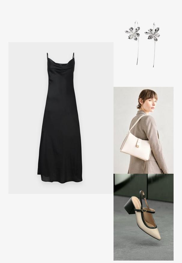 Vestido de seda preta com alças finas, decote drapeado e uma silhueta fluida. O tecido tem uma textura suave e brilhante.; Sandal de biqueira pontuda em bege com acabamento preto, fivela dourada e um salto bloco sólido, em um chão cinza com fundo verde escuro.; Bolsa de mão em couro branco com um design estruturado, apresentando um fecho magnético e uma alça de ombro, exibida sobre um fundo neutro.; Brincos em forma de flor prateados com um acabamento texturizado, apresentando ganchos longos e detalhes semelhantes a pétalas para um design intrincado.