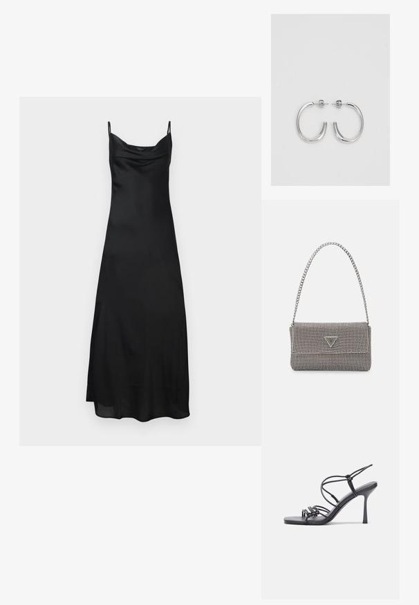 Fekete selyemdressz vékony pántokkal, kerek nyakkivágással és folyékony szilhuettel. Az anyag sima, fénylő textúrájú.; Fekete magas sarkú szandálok vékony pántokkal, csomózott mintával, sima négyzetes orral és karcsú stiletto sarkal rendelkeznek.; Világosszürke fémes kézitáska lánc pánttal, kis kör alakú fém kifinomult díszítéssel és háromszög alakú márkagéppel.; Ezüst karika fülbevalók sima, fényes felülettel. Lekerekített forma, könnyű kialakítással, tűs zárómechanizmussal.