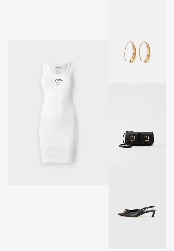 Biała, bezrękawnikowa sukienka bodycon z prążkowanej tkaniny. Posiada okrągły dekolt i czarny nadrukowany logo. Dopasowana sylwetka, długość do kolan.; Czarne skórzane buty typu slingback z ostrym noskiem, małym obcasem i ozdobnym zapięciem na górze. Gładka faktura, minimalistyczny design.; Czarna skórzana torba na ramię z dwoma przednimi kieszeniami, złotymi klamrami, zamkiem błyskawicznym i cienkim paskiem. Teksturowana powierzchnia i kompaktowy prostokątny kształt.; Złote metalowe kolczyki w kształcie obręczy o zakrzywionym, wydłużonym kształcie. Posiadają gładką, błyszczącą powierzchnię oraz zaokrąglony koniec dla dodatkowego efektu.