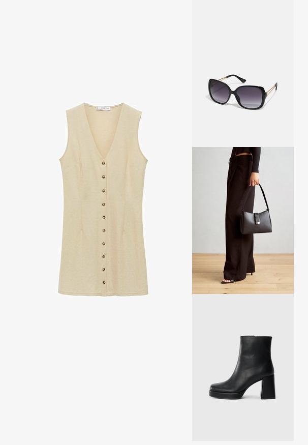 Tunică bej fără mâneci, cu decolteu în V și o linie de șase nasturi pe față. Material moale, texturat, cu buzunare laterale.; Botină din piele neagră, cu toc pătrat și talpă platformă, văzută din lateral pe un fundal alb simplu.; Ochelari de soare negri, supradimensionați, cu lentile degradate, rame groase și detalii cu lanț de ton auriu pe brațele templului.; Genți negre cu o formă structurată, textură netedă și un închizător metalic. Asortată cu pantaloni negri largi și sandale cu vârf deschis pe un podea din lemn.