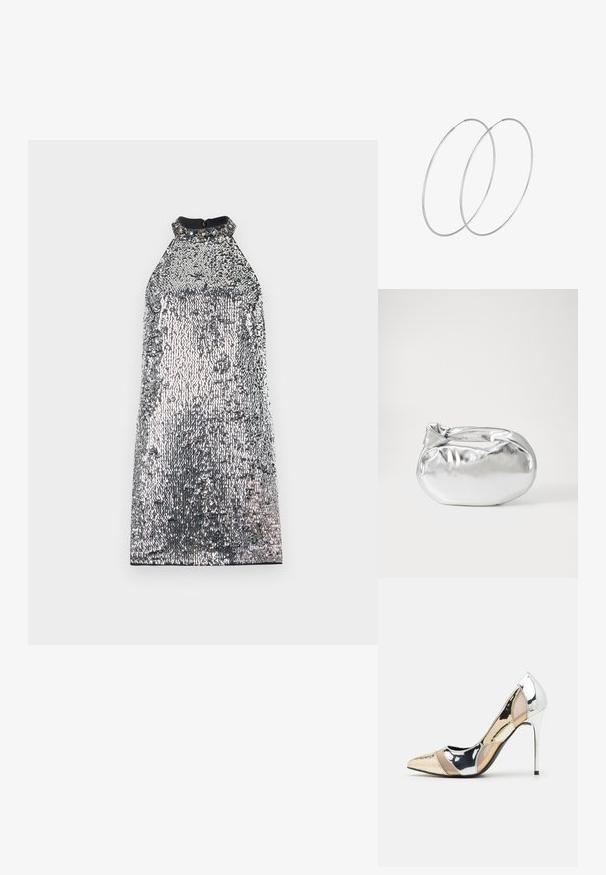 Vestido de lentejuelas plateadas con cuello alto y superficie texturizada. Presenta un cuello negro sólido y cierre de cremallera en la parte posterior.; Zapato de tacón alto con punta afilada en una combinación de colores plateado, dorado y nude. Acabado brillante con diseño recortado, que presenta un tacón de aguja.; Bolsa de pouch metálica plateada con una forma suave y redondeada y un cierre en la parte superior con un nudo. Hecha de un material de imitación de cuero suave.; Pendientes de aro plateados con un diseño minimalista. Forma circular, textura suave y perfil delgado. Livianos con un acabado pulido.