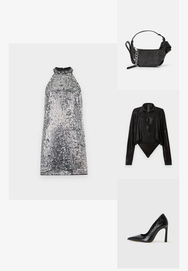 Srebrna sukienka z cekinami, z wysokim dekoltem i teksturowaną powierzchnią. Posiada czarny kołnierzyk oraz zamek błyskawiczny z tyłu.; Czarny bodysuit z długimi rękawami, dekoltem w serek i dopasowanym fasonem. Wykonany z błyszczącego, gładkiego materiału z usztywnionym kołnierzykiem i mankietami.; Czarne szpilki z ostrym noskiem, pokryte teksturą skóry krokodyla, charakteryzujące się eleganckim wzornictwem, wysokim obcasem w stylu stiletto oraz gładkim czarnym wnętrzem.; Czarna torebka z ćwiekowanymi zdobieniami, łańcuszkowym paskiem i gładkim skórzanym uchwytem, o zaokrąglonym kształcie i zamykanej kieszeni.