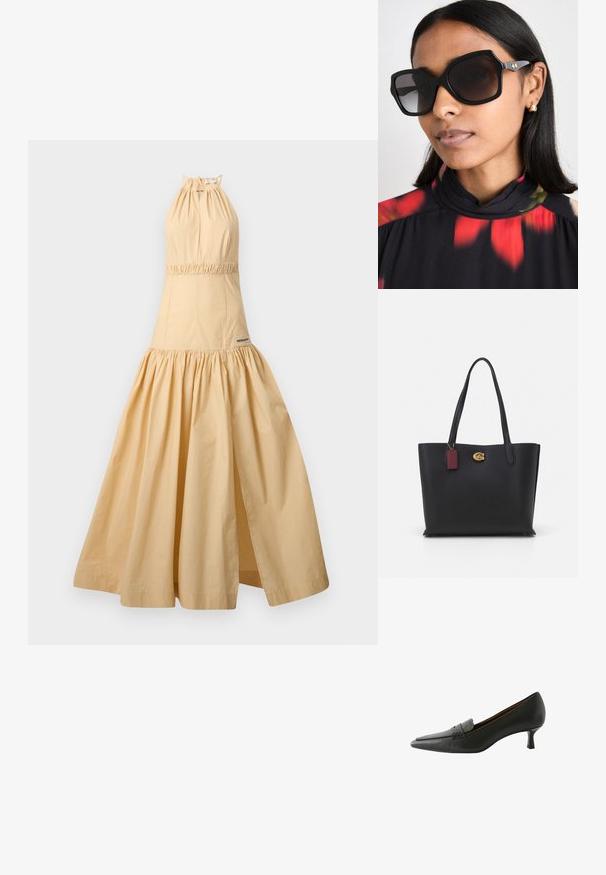 Halterneck kjole i lysebeige bomuld, med samlet talje, svajende nederdel og slidser i siden. Mærket synligt nær sømmen.; Sorte læderhællet sko med spids tå og en dekorativ rem. Har en lav stiletto hæl og en glat overflade.; Sorte oversized solbriller med en geometrisk ramme, mørkt tonede linser og hardware i guldtoner, båret med en blomstret mønstret bluse med høj krave.; Sort læder tote taske med to lange håndtag, tekstureret finish, guld hardware og et bordeaux mærke. Rummeligt design med en åben top.