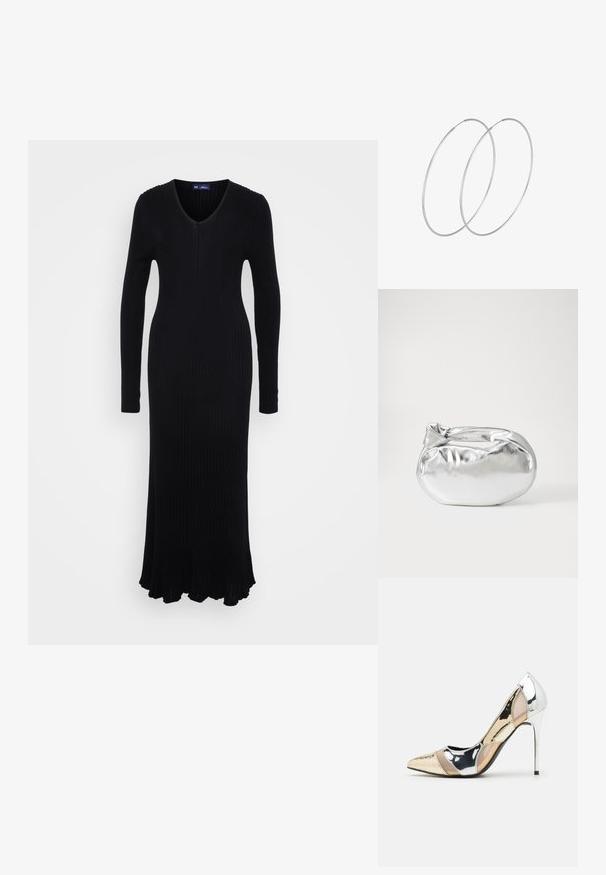 Must mustriba riidest kleit pikkade varrukatega, V-kaelusega ja laieneva hemiga. Valmistatud venivast materjalist, et anda vormitud siluett.; Kitsas toe kõrge kontsaga kingad, millel on hõbedane, kuldne ja nude värvilahendus. Läikiv viimistlus lõikekujundusega, stiletto konts.; Hõbedane metallikoti kott pehme, ümar kuju ja sõlme ülemise sulgemisega. Valmistatud siledast kunstnahast materjalist.; Hõbedased rõngastikkaehingad minimalistlikus disainis. Ümar kuju, sile tekstuur ja õhuke profiil. Kerged ning poleeritud viimistlusega.