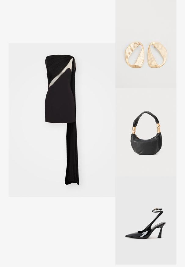 Black strapless dress with draped fabric, featuring a contrasting beige accent. Smooth texture with a flowing side panel for added detail.; Black patent leather slingback high heels with a pointed toe, adjustable ankle strap, and a moderate block heel. Smooth texture with glossy finish.; Black leather handbag with a round shape, soft texture, and a knotted handle featuring gold-tone hardware accents. Zipper closure.; Pair of irregular oval-shaped gold-toned metal earrings with a textured, slightly hammered surface on a white background.