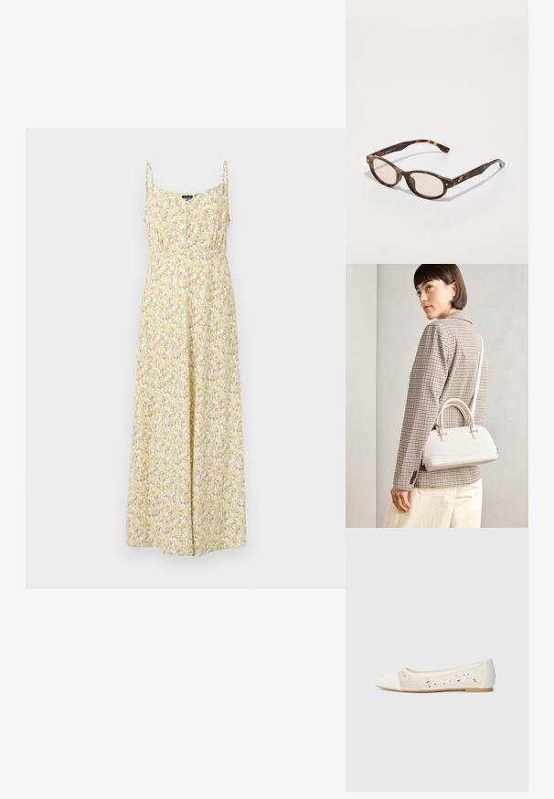 Bloemige maxi-jurk in geel met dunne bandjes, voorzien van een knoopsluiting aan de voorkant, een getailleerde taille en een vloeiende rok met een meerkleurig bloemenpatroon.; Puntige ballerina in crème leer met transparante bovenkant, versierd met verspreide rhinestones. Zachte zool voor comfort, minimalistisch ontwerp.; Schildpadbril met een ronde vorm en lichte lenzen. Heeft stevige armen met kleine gouden accenten, gemaakt van plastic materiaal.; Witte gestructureerde handtas met korte handvatten en een schouderband, voorzien van gouden hardwareaccenten en een textuurmateriaal, tentoongesteld tegen een grijze achtergrond.