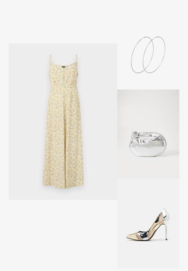 Blommig maxikjol i gult med tunna remmar, med en knapprad fram, figursydd midja och en flytande kjol med ett flerfärgat blommönster.; Spetsig tå högklackad sko med en färgpalett av silver, guld och nude. Glansig yta med utskärningsdesign, utrustad med en stilettklack.; Silverfärgad metallisk påse med en mjuk, rundad form och en knutstängning upptill. Tillverkad av ett mjukt material i konstläder.; Silverfärgade hoopörhängen med en minimalistisk design. Cirkulär form, slät yta och tunn profil. Lätta med en polerad finish.