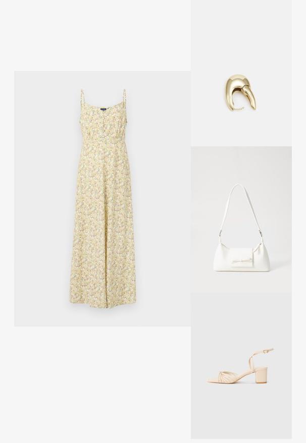 Vestido maxi floral en amarillo con tirantes finos, que cuenta con un botón en la parte delantera, una cintura ajustada y una falda fluida con un patrón de flores de múltiples colores.; Sandalia de tacón con tiras en color beige, punta cuadrada, diseño frontal retorcido, correa en el tobillo y tacón cuadrado. Textura suave, estilo minimalista.; Bolso sintético blanco con forma triangular, tapa frontal plana y detalle de lazo, correa ajustable, textura suave y diseño minimalista.; Pendiente de metal en tono dorado con un diseño elegante y curvado. Presenta una forma puntiaguda distintiva, superficie pulida y cierre de bisagra.