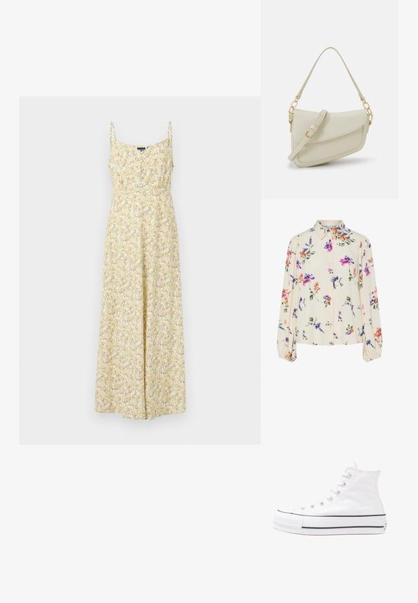 Kollane lilleline maksikleidi õhukeste rihmadega, esiosa nööpidega, kitsas talje ja voolav seelik mitmevärvilise lillemustriga.; Lille kreemipehme lilleline pluus, millel on pikad puhvli varrukad, millel on lillad, oranžid ja rohelised lillemustrid ning klassikaline kaelus.; Valge kõrgem kangast tenniseking, millel on must kummist tald, ees kummist varvasetugi ja kuus aukku paelte jaoks, pakkudes puhta ja minimalistliku disaini.; Väike kreemjas käekott tekstureeritud viimistlusega, pikendatav rihm, ketiläbimõõt ja klapiga sulgemine. Kuldsed metalldetailid.