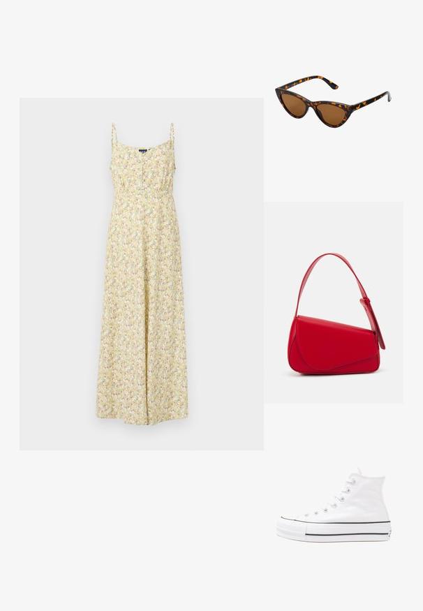 Cvetna maksi obleka v rumeni barvi z tankimi naramnicami, z gumbnim zapenjanjem spredaj, prilagojenim pasom in razkošno krilo z večbarvnim cvetličnim vzorcem.; Beli visoki platneni športni čevelj z črnim gumijastim podplatom, sprednjim gumijastim zaščitnikom za prste in šestimi luknjicami za vezalke, ki se ponaša s preprostim, minimalističnim dizajnom.; Mačje oči sončna očala z okvirom v črno-oranžni želvej ohišji, rjavimi lečami in elegantnimi, ostrimi konicami. Imajo minimalistični logo na ročaju.; Rdeča usnjena torba z angularnim, geometrijskim dizajnom. Ima en samostoječ nastavljiv ročaj in pokrov, zaprt z zapiranjem, ki je okrašen s šivi.