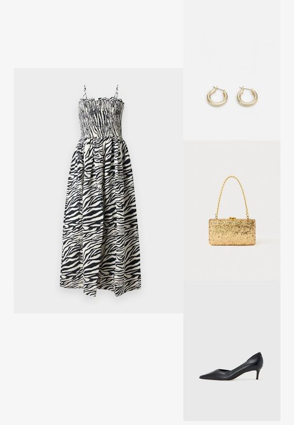 Vestido maxi com padrão de zebra, corpete franzido, alças ajustáveis e saia fluida. Feito de tecido leve nas cores preto e creme.; Sapato de salto alto preto em pele com bico fino e salto baixo. Apresenta uma textura suave e brilho subtil. Corte aberto na parte da frente para um detalhe adicional.; Clutch dourada em lantejoulas com formato retangular, apresentando uma alça de corrente torcida e um fecho de metal, refletindo a luz com um acabamento texturizado.; Lauren Ralph Lauren BASIC SMALL HOOP - Brincos - gold-coloured