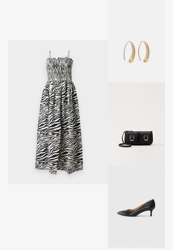 Zebra-mønstret maxikjole med smocket overdel, justerbare stropper og en luftig nederdel. Lavet af let stof i sort og cremefarve.; Sorte lærpumpe med spiss tå, lav hæl og en glatt tekstur. Har en liten åpning foran og minimalt med beslag bak.; Svart skinn crossbody veske med to frontlommer, gyldne spenner, glidelåslukking og en slank stropp. Teksturert overflate og kompakt rektangulær form.; Gullfargede metalløredobber med en buet, forlenget form. Har en jevn, blank overflate og en avrundet tupp for ekstra detaljer.