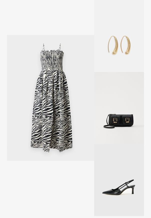 Maksi haljina sa uzorkom zebre, s smućkanim korzetom, podesivim naramenicama i lepršavom suknjom. Izrađena od laganog materijala u crnoj i krem boji.; Crne lakirane slingback pete s oštrim vrhom, s teksturiranim uzorkom zmijske kože, podesivom remenom i kratkom, teksturiranom blok-petom.; Crna kožna torba preko ramena s dva prednja džepa, zlatnim kopčama, zatvaranjem na zip i uskim remenom. Teksturirana površina i kompaktan pravokutan oblik.; Zlatne metalne naušnice u obliku obruča s zakrivljenim, izduženim oblikom. Imaju glatku, sjajnu površinu i zaobljeni vrh za dodatni detalj.