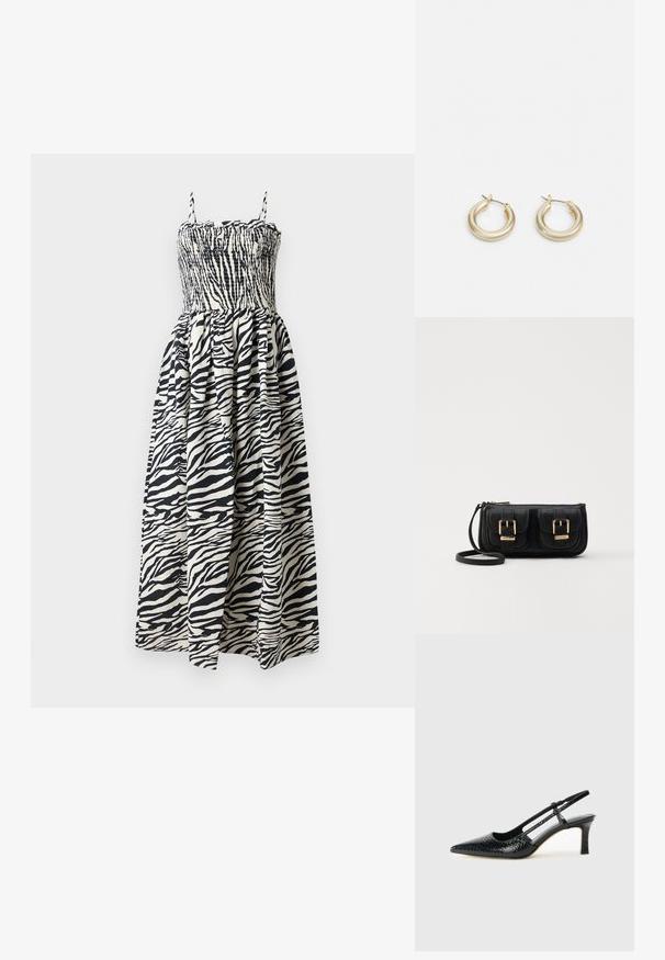 Zebra-mønstret maxikjole med smocket overdel, justerbare stropper og en luftig nederdel. Lavet af let stof i sort og cremefarve.; Sorte patent slingback hæl med spids tå, featuring tekstureret slangeskind, justerbar rem og en kort, tekstureret blokhæl.; Svart skinn crossbody veske med to frontlommer, gyldne spenner, glidelåslukking og en slank stropp. Teksturert overflate og kompakt rektangulær form.; Lauren Ralph Lauren BASIC SMALL HOOP - Øredobber - gold-coloured