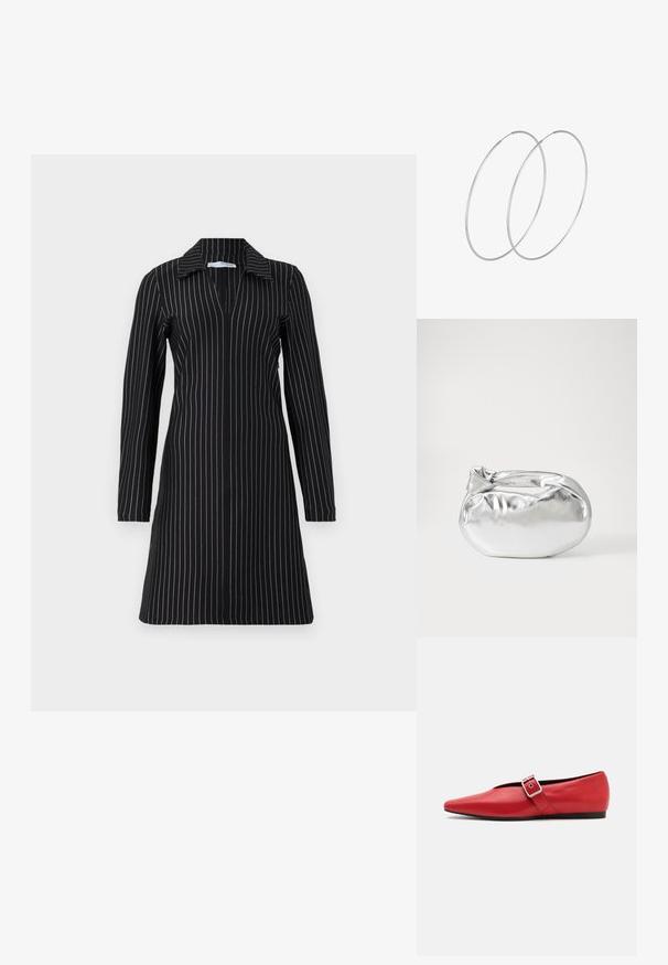 Schwarzes Kleid mit langen Ärmeln und Kragen, versehen mit vertikalen weißen Streifen, einem tiefen V-Ausschnitt und einer lässigen Passform. Glatte Stofftextur.; Rote Leder-Ballerina mit einer spitzen Zehe, ausgestattet mit einem Seitenriemen mit einer Metallschnalle und einem niedrigen schwarzen Absatz. Glatte Textur über die gesamte Fläche.; Silberne metallic Pouch-Tasche mit einer sanften, abgerundeten Form und einem geknoteten Verschluss oben. Hergestellt aus glattem Kunstleder.; Silberne Creolen mit minimalistischem Design. Rundform, glatte Oberfläche und dünnes Profil. Leichtgewichtig mit hochglänzender Oberfläche.