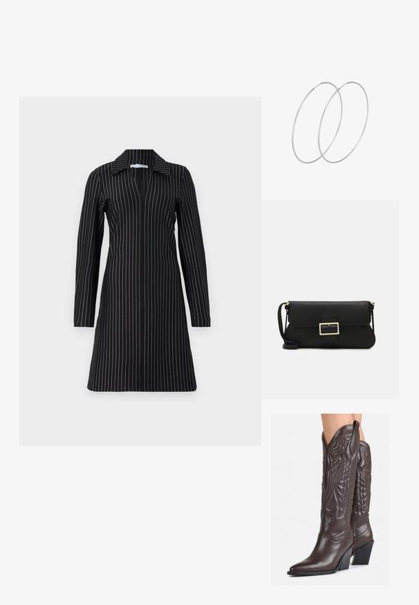 Črna obleka z dolgimi rokavi in ovratnikom, ki ima navpične bele črte, globok V-izrez in sproščen kroj. Gladek občutek tkanine.; Rjave usnjene kavbojske čevlje z ostrim nosom in blok peto, ki vsebujejo podrobno šivanje in dvignjene dodatke na zgornjem delu.; Črna usnjena torbica na preklop z zlato kovinsko zaponko. Vključuje črn trak in eleganten, minimalističen dizajn.; Srebrne uhane v obliki obroča z minimalističnim dizajnom. Krožna oblika, gladka tekstura in tanek profil. Lahki s poliranim zaključkom.
