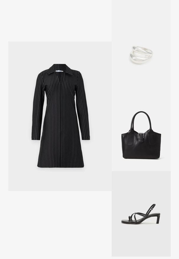 Juodas suknelė su ilgomis rankovėmis ir apykakle, turinti vertikalias baltas juosteles, giliu V formos iškirpimu ir laisvu siluetu. Lygus audinio paviršius.; Juodi šlepetės su kvadratiniu pirštu ir žemu bloku kulnu. Yra keli ploni dirželiai ir reguliuojamas kulkšnies diržas. Pagaminti iš lygios odos.; Juodas odinis nešiojamas krepšys su lygiu paviršiumi, struktūrine forma, dviem rankenėlėmis ir ryškiu sidabriniu sagties akcentu priekyje.; Sidabrinis dvigubas žiedas su lygiu, poliruotu paviršiumi. Pasižymi sklandžiu, kreiptu dizainu su persipinančiomis dalimis, suteikiančiomis modernų išvaizdą.