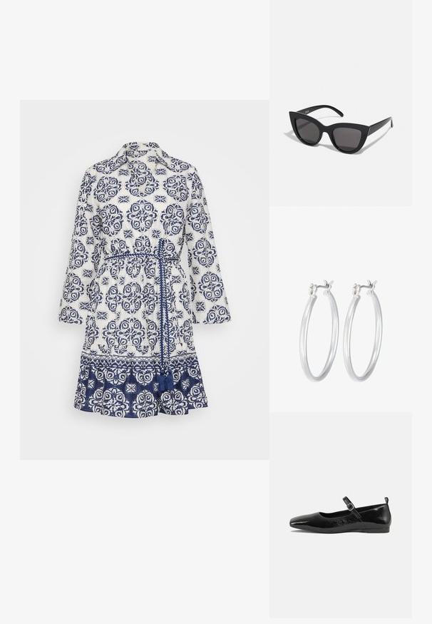 Balta kleita ar tumši zilu ziedu rakstu, apkakli, trīs ceturtdaļu piedurknēm, regulējamu jostu viduklī un viļņotu apakšmalu. Izgatavota no viegla auduma.; Melna patentēta ādas dzīvokļu kurpe ar smailu purngalu, potītes siksniņu ar sprādzi un gludu, spīdīgu tekstūru. Zems papēdis komfortam.; Melnas kaķa acs saulesbrilles ar matētu apdari, ar pelēkiem tonētiem stikliem, izteiktiem stūriem un elegantiem sānu rokturiem. Zīmola nosaukums redzams uz iekšējā roktura.; Sudraba riņķveida auss gredzeni ar gludu, pulētu apdari. Apaļa forma un drošs klikšķa augšējais slēgums. Viegls dizains, kas piemērots ikdienas valkāšanai.