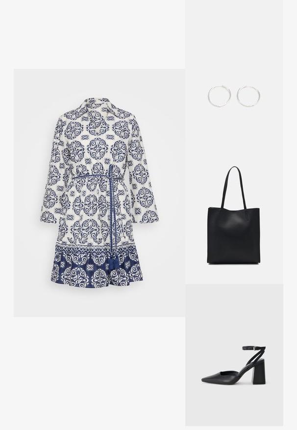 Vestido branco com padrão floral azul marinho, gola, mangas três quartos, faixa ajustável na cintura e bainha com babados. Feito de tecido leve.; Sandal com biqueira afilada em couro preto, com cinta no tornozelo e salto grosso. Textura lisa, design elegante e estética minimalista.; Bolsa tote preta em couro com textura lisa, forma retangular e duas alças longas. Sem hardware ou enfeites visíveis.; Brincos de argola prateados com um design arredondado e elegante, apresentando uma superfície lisa e sem adornos visíveis. Diâmetro não especificado.