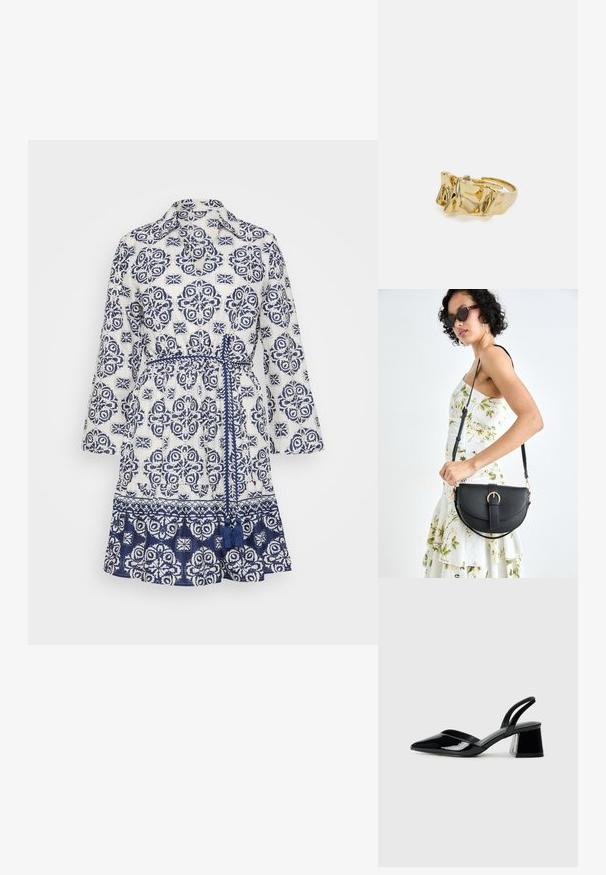 Valkoinen mekko, jossa on tummansininen kukkakuosi, kaulukset, kolme neljäsosaa hihat, säädettävä vyötärösolki ja röyhelöhelma. Valmistettu kevyestä kankaasta.; Mustat patentoitu nahkakengät, joissa on säären takaosa ja terävä kärki, sekä geometrinen palikkakorko. Sisältää tyylikkään, minimalistisen muotoilun ja sileän pinnan.; Musta nahkainen käsilaukku, joka on kaareva muotoilultaan, irrotettavalla hihnalla ja kultaisilla yksityiskohdilla. Laukussa on läppä, jossa on solk yksityiskohta.; Kullanışlı bir ayarlanabilir yüzüğe sahip, üç belirgin zirveye sahip dokulu, dalgalı düzene sahip altın yüzük. Düzgün, parlak yüzey ve açık bant ile tasarlanmış.