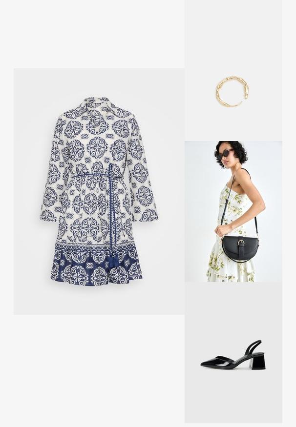 Biała sukienka w granatowy kwiatowy wzór, z kołnierzykiem, rękawami o długości trzech czwarte, regulowanym paskiem w talii i falbaniastym dołem. Wykonana z lekkiego materiału.; Czarne lakierowane półbuty na obcasie z wydłużonym noskiem i geometrycznym słupkiem. Charakteryzują się eleganckim, minimalistycznym designem oraz gładką fakturą.; Czarna skórzana torebka o zakrzywionym kształcie, z odpinanym paskiem i złotymi akcentami. Torebka posiada klapę z zapięciem w kształcie klamry.; Pierścionek w odcieniu złota z organicznym, skręconym wzorem, o gładkiej fakturze i zwężających się końcach, tworzący nowoczesny, rzeźbiarski wygląd.