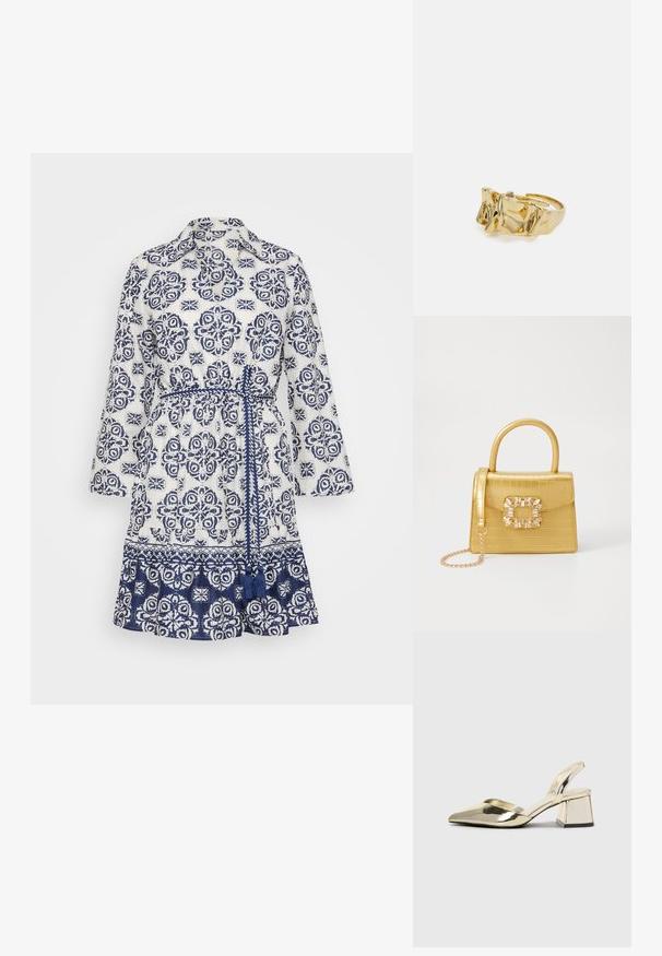 Balta kleita ar tumši zilu ziedu rakstu, apkakli, trīs ceturtdaļu piedurknēm, regulējamu jostu viduklī un viļņotu apakšmalu. Izgatavota no viegla auduma.; Zeltaini, metāla kurpes ar siksniņām, norakans purngalis un masīla papēdis. Gluda tekstūra, minimālisma dizains un šaura siksna.; Dzeltena mākslīgā krokodila roku soma ar strukturētu dizainu, augšējo rokturi, noņemamu ķēdes siksniņu un dekoratīvām kristāla rotājumiem aizdares daļā.; Zelta gredzens ar teksturētu, viļņotu dizainu, kas rotāts ar trim izteiktām virsotnēm. Gluda, spīdīga virsma ar atvērtu joslu, lai to varētu pielāgot.