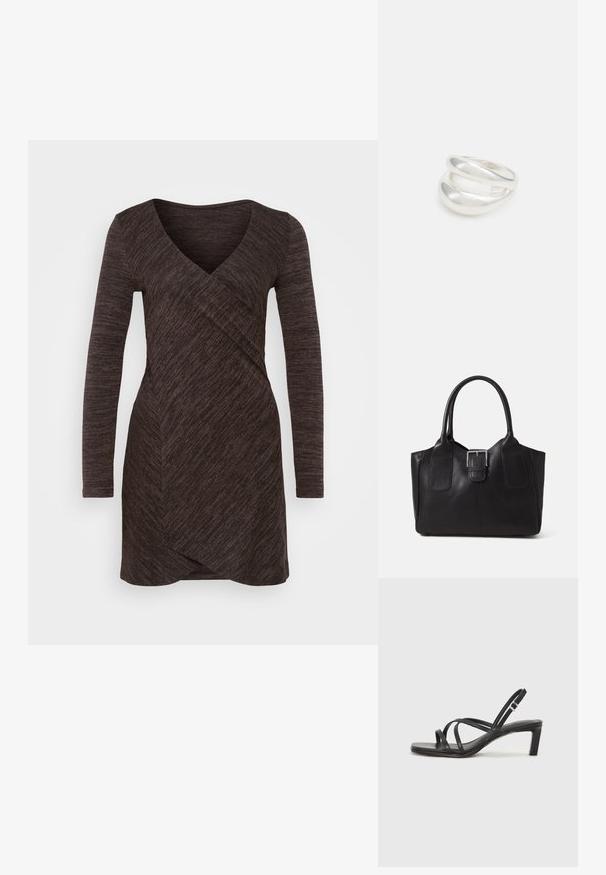 Brown wrap dress made of textured fabric, featuring long sleeves and a v-neckline. The design has a diagonal detail across the front.; Black strappy sandal with a square toe and a low block heel. Features multiple thin straps and an adjustable ankle strap. Made of smooth leather.; Black leather tote bag with smooth texture, structured shape, two handles, and a prominent silver buckle detail on the front.; Silver double-band ring with a smooth, polished surface. Features a fluid, curved design with overlapping sections for a modern look.