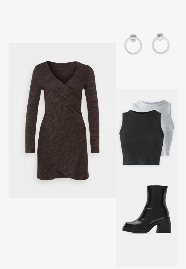 Brūns apģērbts kleita, izgatavota no teksturēta auduma, ar garām piedurknēm un V veida kakla izgriezumu. Dizainā ir diagonāls elements gar priekšpusi.; Even&Odd Petite 2 PACK - Tops - light grey/black; Melnas potītes zābaku ar spīdīgu apdari, kvadrātveida pirkstu un biezu bloku papēdi. Dizainā ir bezšuvju siluets un minimāla zīmola identitāte.; Sudraba metāla gredzenveida auskari ar matētu faktūru, ar apaļu dizainu un caurspīdīgu aizdari, lai nodrošinātu drošu valkāšanu.