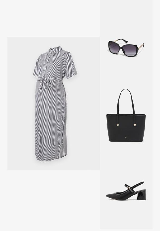 Csíkos ingruha sötétkék és fehér színben, rövid ujjú, gombos elülső résszel, gallérral és megkötős derékkal, könnyű anyagból készült. Midi hosszúságú.; Fekete lakk bőr, pántos magassarkú cipő, hegyes orral, lekerekített kivágással és tömbsarkal. Arany színű csat díszíti.; Fekete, oversize napszemüveg fokozatos árnyalatú lencsékkel, vastag kerettel és arany színű lánc díszítéssel a szárakon.; Fekete tote táska szintetikus anyagból, egyszerű téglalap formájú dizájnnal, arany négyzet díszítésekkel és dupla fogantyúkkal.