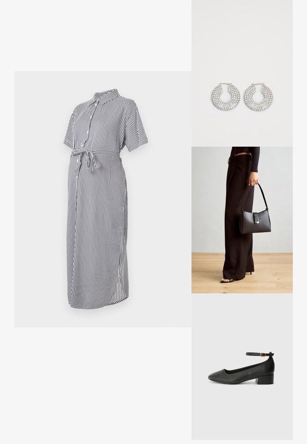 Stripet skjortekjole i marineblå og hvit med korte ermer, knappelukking foran, krage og knyttet midje, laget av lett stoff. Midi lengde.; Sorte skinnpumper med spiss tå og lav blokkhelt. Har ankelrem med gullfarget spenne. Glatt tekstur.; Svart håndveske med strukturert form, jevn tekstur og metallisk lås. Kombinert med brede svarte bukser og sandaler med åpen tå på tregulv.; Sølv hoop øredobber prydet med flere klare krystallpynt, med en teksturert overflate og et åpent sirkulært design.