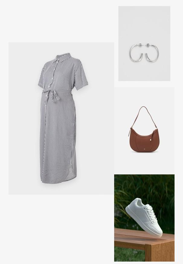 Tumed ja valge triibuline kleit lühikeste varrukatega, nupuga esikülg, krae ja seotud vöökoht, valmistatud kergest kangast. Midi pikkus.; Valged sneakerd, millel on sile sünteetiline ülemine osa, väikeste aukudega varvaskast, lamedad paelad ja tekstuuriga tald, eksponeeritud puidust pinnal.; Pruun faux nahast õlaline kott, millel on kaarjas kuju, minimaalne õmblemine ja kuldse tooni metallist aksessuaar. Omab ülemist tõmblukku ja reguleeritavat rihma.; Hõbedased rõngaskõrvarõngad, millel on sile ja läikiv pind. Ümar kuju, kerge disain, millel on post-tagumise kinnituse süsteem.