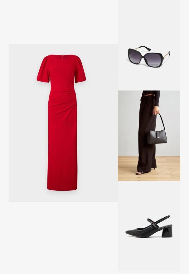 Rotes, bodenlanges Kleid mit figurschmeichelnder Silhouette, rundem Hals, kurzen Puffärmeln und Raffungselementen an der Seite. Glatte Stoffstruktur.; Schwarze Lackleder-Slingback-Absätze mit spitzer Zehenform, einem runden Ausschnitt-Design und einem Blockabsatz. Mit einem goldfarbenen Schnallenakzent.; Schwarze übergroße Sonnenbrille mit getönten Gläsern, dicken Rahmen und goldfarbener Kettendetaillierung an den Bügeln.; Schwarze Handtasche mit strukturierter Form, glatter Textur und einem metallischen Verschluss. Kombiniert mit weiten schwarzen Hosen und offenen Sandalen auf einem Holzboden.