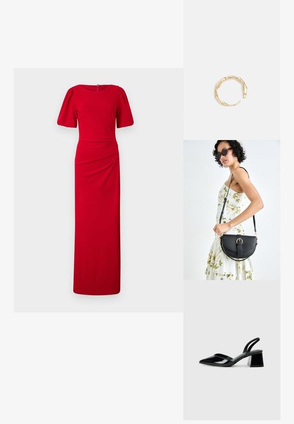 Rotes, bodenlanges Kleid mit figurschmeichelnder Silhouette, rundem Hals, kurzen Puffärmeln und Raffungselementen an der Seite. Glatte Stoffstruktur.; Schwarze Lackleder-Slingback-High Heels mit spitzem Schuh und einem geometrischen Blockabsatz. Verfügt über ein schlankes, minimalistisches Design und eine glatte Textur.; Schwarze Lederhandtasche mit geschwungener Form, abnehmbarem Tragegurt und goldenen Beschlägen. Die Tasche verfügt über einen Deckel mit einer Schnallen-Details.; Goldfarbener Ring mit einem organischen, gedrehten Design, glatter Oberfläche und sich verjüngenden Enden, was ein modernes, skulpturales Erscheinungsbild erzeugt.