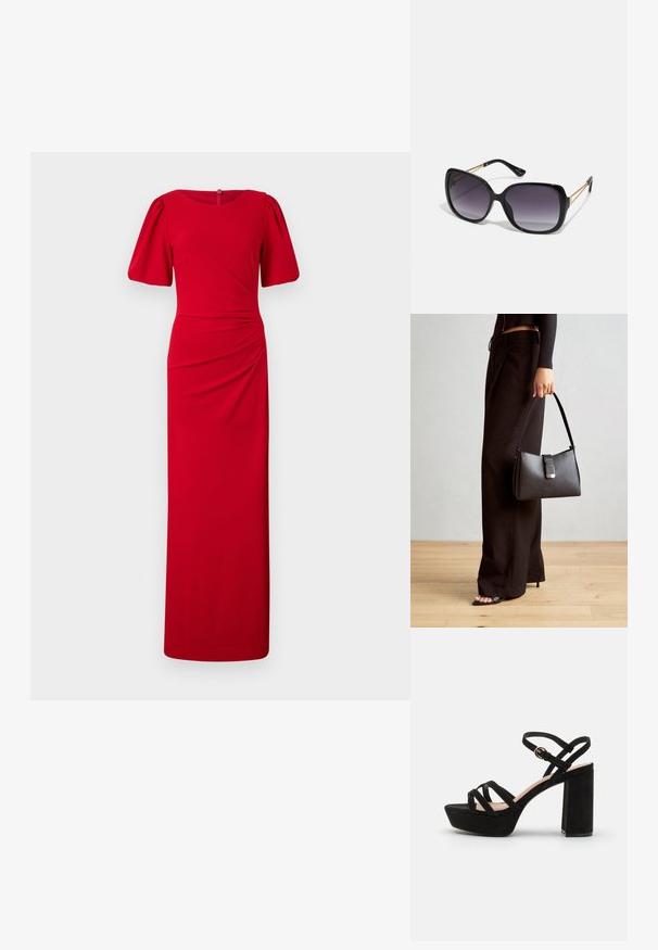 Punane, maani ulatuv kleit, mis on sobitatud silueti, ümar kaelus, lühikesed puffvarrukad ja rüüsidetailid külgedel. Sujuv kangasteksts.; Mustadest sametist platvormsandaalid, millel on plokknina, ristuvad rihmad ja lukustatav pahkluu rihm turvaliseks sobivuseks.; Mustad ümarad päikeseglaasid, millel on gradient objektiivid, paksud raamid ja kuldse tooni kettaga kaunistused tempelitel.; Must musta kott, millel on struktureeritud kuju, sile tekstuur ja metallist klamber. Kombineeritud laiate mustade pükstega ja avatud varvaste sandaalidega puidust põrandal.