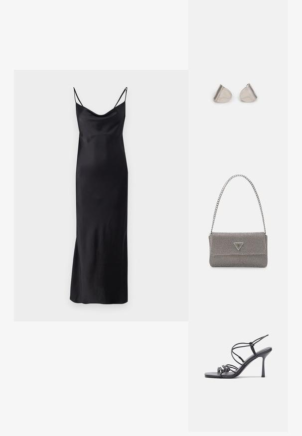 Fekete selyemruha, cseppnyakú, vékony állítható pántokkal és egyenes sziluettel, amely a vádli közepéig ér, sima textúrával.; Fekete magas sarkú szandálok vékony pántokkal, csomózott mintával, sima négyzetes orral és karcsú stiletto sarkal rendelkeznek.; Világosszürke fémes kézitáska lánc pánttal, kis kör alakú fém kifinomult díszítéssel és háromszög alakú márkagéppel.; Ezüst fém fülbevalók sima, csepp alakú formával és fényes felülettel. Finom gravírozások teszik részletessé. Minimalista dizájn.