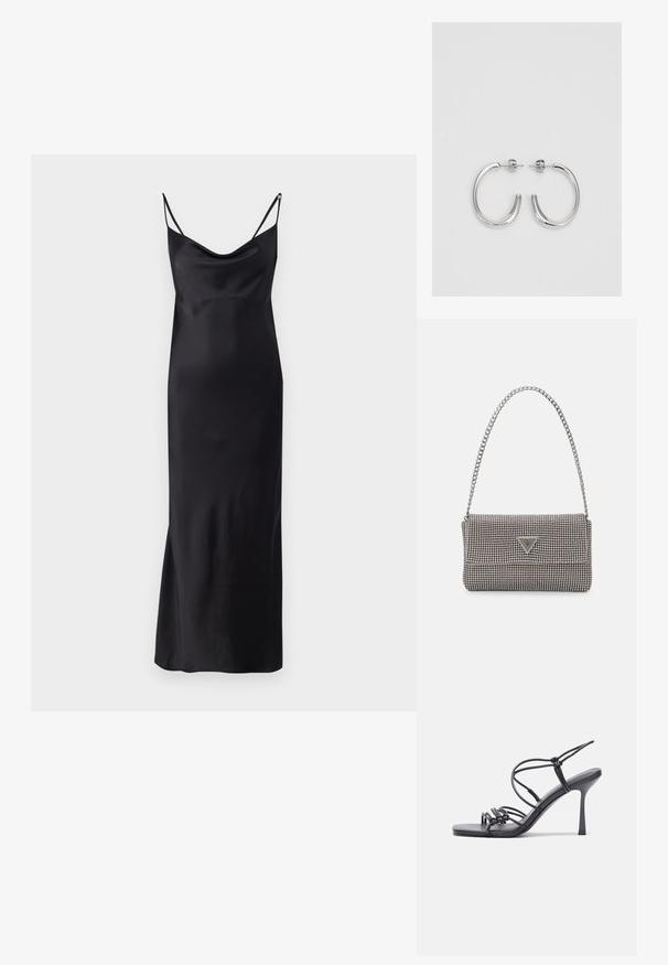 Fekete selyemruha, cseppnyakú, vékony állítható pántokkal és egyenes sziluettel, amely a vádli közepéig ér, sima textúrával.; Fekete magas sarkú szandálok vékony pántokkal, csomózott mintával, sima négyzetes orral és karcsú stiletto sarkal rendelkeznek.; Világosszürke fémes kézitáska lánc pánttal, kis kör alakú fém kifinomult díszítéssel és háromszög alakú márkagéppel.; Ezüst karika fülbevalók sima, fényes felülettel. Lekerekített forma, könnyű kialakítással, tűs zárómechanizmussal.