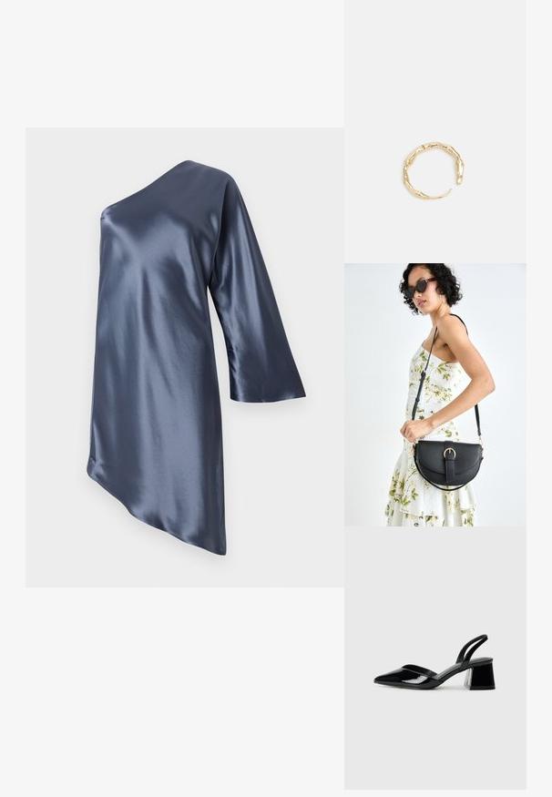 Asimetriška satino suknelė tamsiai mėlynos spalvos, su viena ilga rankove ir lygia, blizgia tekstūra, turinti įstrižą apatinį kraštą.; Juodos lakuotos odinės šlepetės su smailiu pirštu ir geometriniu bloko kulnu. Turi elegantišką, minimalistinį dizainą ir lygų paviršių.; Juodas odinis krepšys su išlenkta forma, nuimamu dirželiu ir auksiniais detalėmis. Krepšys turi kilpą su sagtimi.; Auksinės spalvos žiedas, turintis organišką, sukimosi dizainą su lygiu paviršiumi ir siaurėjančiais galais, sukuriantis modernią skulptūrinę išvaizdą.