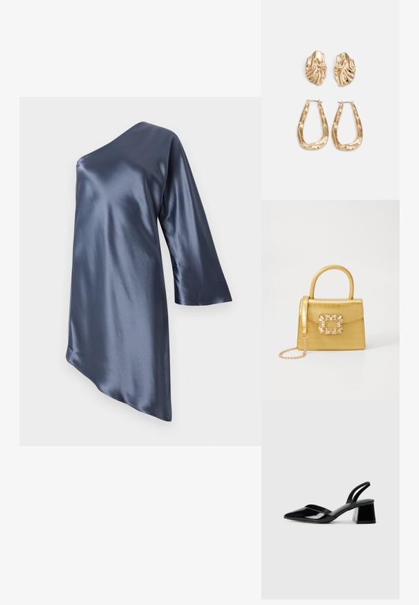 Asymmetrisk satindress i mørk marineblå, med en lang erm og en glatt, blank overflate med en skrå kant.; Svarte patentlær slingback hæler med spiss tå og geometrisk blokk hæl. Har et stilrent, minimalistisk design og jevn tekstur.; Gul faux-krokodille veske med en strukturert design, toppen håndtak, avtagbar kjede stropp, og dekorativ krystallbortsettelse på låsen.; Gullfargede øredobber med teksturerte, bølgete former. Inkluderer skulpturelle klipsstuds og åpen hoop-design med en hamret finish.