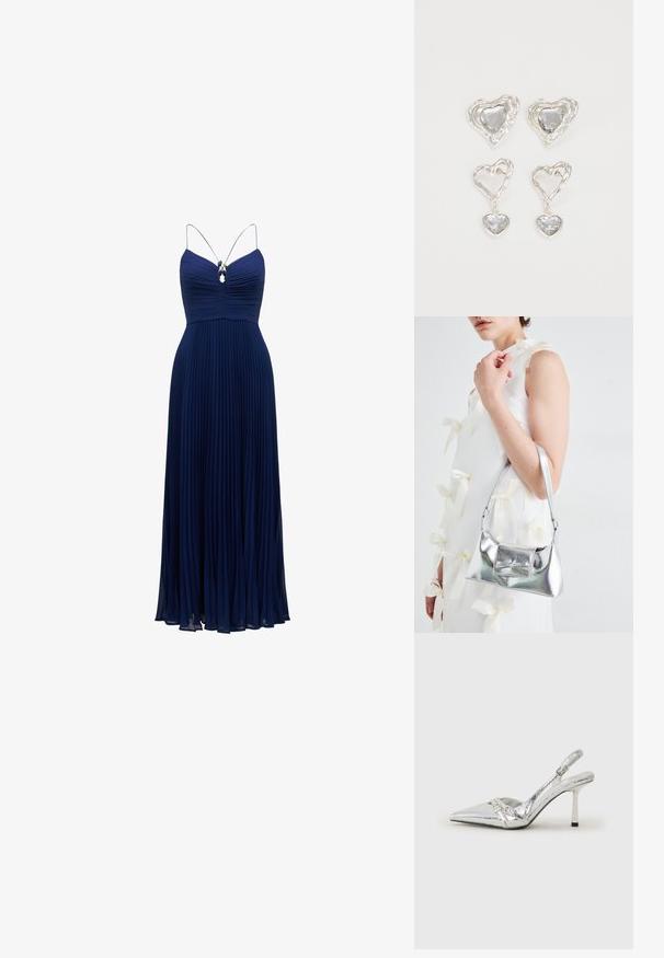 Ναυτικό μπλε πλισέ βραδινό φόρεμα με εφαρμοσμένη κορσέ, λεπτές τιράντες και διακοσμητική πέτρα κάτω από τον λαιμό.; Ασημένια ψηλοτάκουνα παπούτσια slingback με μυτερή μύτη, μεταλλική φινέτσα, δύο διακοσμητικές λωρίδες και λεπτό τακούνι με μαύρη άκρη.; Ασημί μεταλλική τσάντα με δομημένο σχήμα, διαθέτει χειρολαβή στην κορυφή και λεπτομέρεια με φιόγκο μπροστά. Λείος υφάσματος, ανακλαστική επιφάνεια.; Ασημένια σκουλαρίκια σε σχήμα καρδιάς, με φωτεινές διαφανείς πέτρες και υφή στο πλαίσιο. Το σετ περιλαμβάνει σκουλαρίκια καρφωτά και κρεμαστά.
