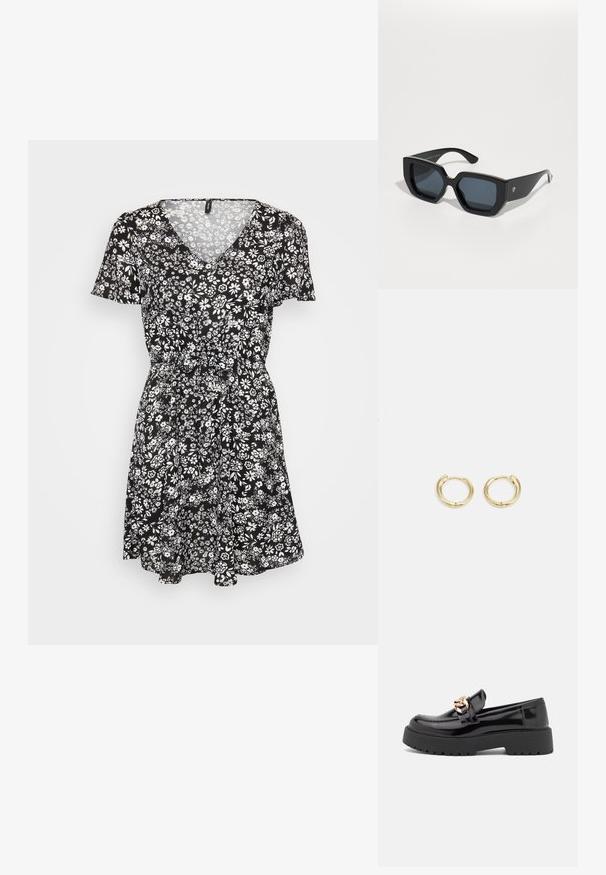 Črna cvetna obleka s kratkimi rokavi, V-izrezom, zategnjenim pasom in razširjenim krilom. Ima bele cvetne motive po celotni obleki. Iz lahko tkanine.; Črni lakirani usnjeni loafers s debelim črnim podplatom in zlato kovinsko opremo. Gladka tekstura in zasnova zaokroženega nosu.; Črne velike sončne očala z geometrijskim dizajnom, pravokotnimi lečami in sijočo površino. Brez vidne blagovne znamke spredaj.; Zlate uhane v obliki obroča z gladkim, zaobljenim dizajnom. Imajo majhen zatič za zapiranje, težijo k lahkemu izgleda in imajo polirano površino.