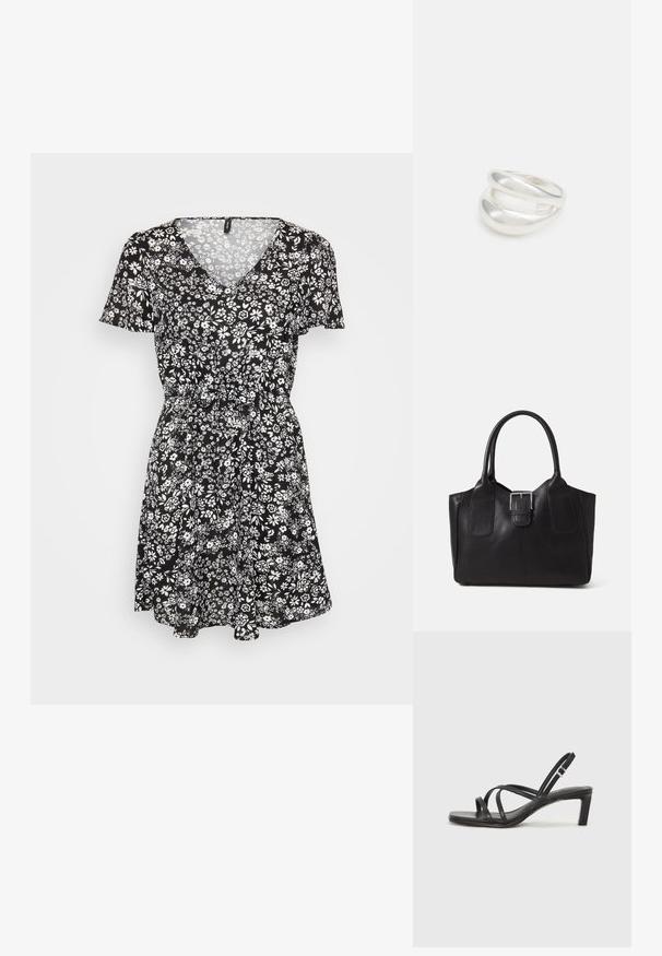 Črna cvetna obleka s kratkimi rokavi, V-izrezom, zategnjenim pasom in razširjenim krilom. Ima bele cvetne motive po celotni obleki. Iz lahko tkanine.; Črne natikače s trakovi in kvadratnim prstom ter nizkim blokastim peto. Imajo več tankih trakov in nastavljiv trak okoli gležnja. Narejene so iz gladkega usnja.; Črna usnjena torba s gladko teksturo, strukturirano obliko, dvema ročkama in izrazitim srebrnim sponko na sprednji strani.; Srebrn dvojni prstan z gladko, polirano površino. Ima tekoč, ukrivljen dizajn z prekrivajočimi se sekcijami za sodoben videz.