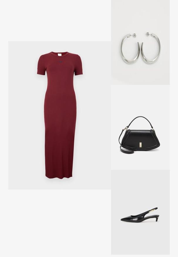 Burgunderfarbendes, geripptes Maxikleid mit kurzen Ärmeln, Rundhalsausschnitt und subtilen Logodetails auf der Brust. Glatte Textur und körperbetonter Schnitt.; Schwarze Leder-Slingback-Pumps mit spitzem Schuhblatt, ausgestattet mit einem schlanken Absatz und einem goldfarbigen Akzent am verstellbaren Riemen. Glatte Textur.; Schwarze Lederhandtasche mit einem strukturierten Design, das eine verkürzte Form, einen oberen Griff und goldfarbene Hardware-Details aufweist. Verstellbarer Schulterriemen ist enthalten.; Silberne Creolen mit einem glatten, geschwungenen Design. Mit einem glänzenden metallischen Finish und Steckverschluss. Keine sichtbaren Muster oder Akzente.